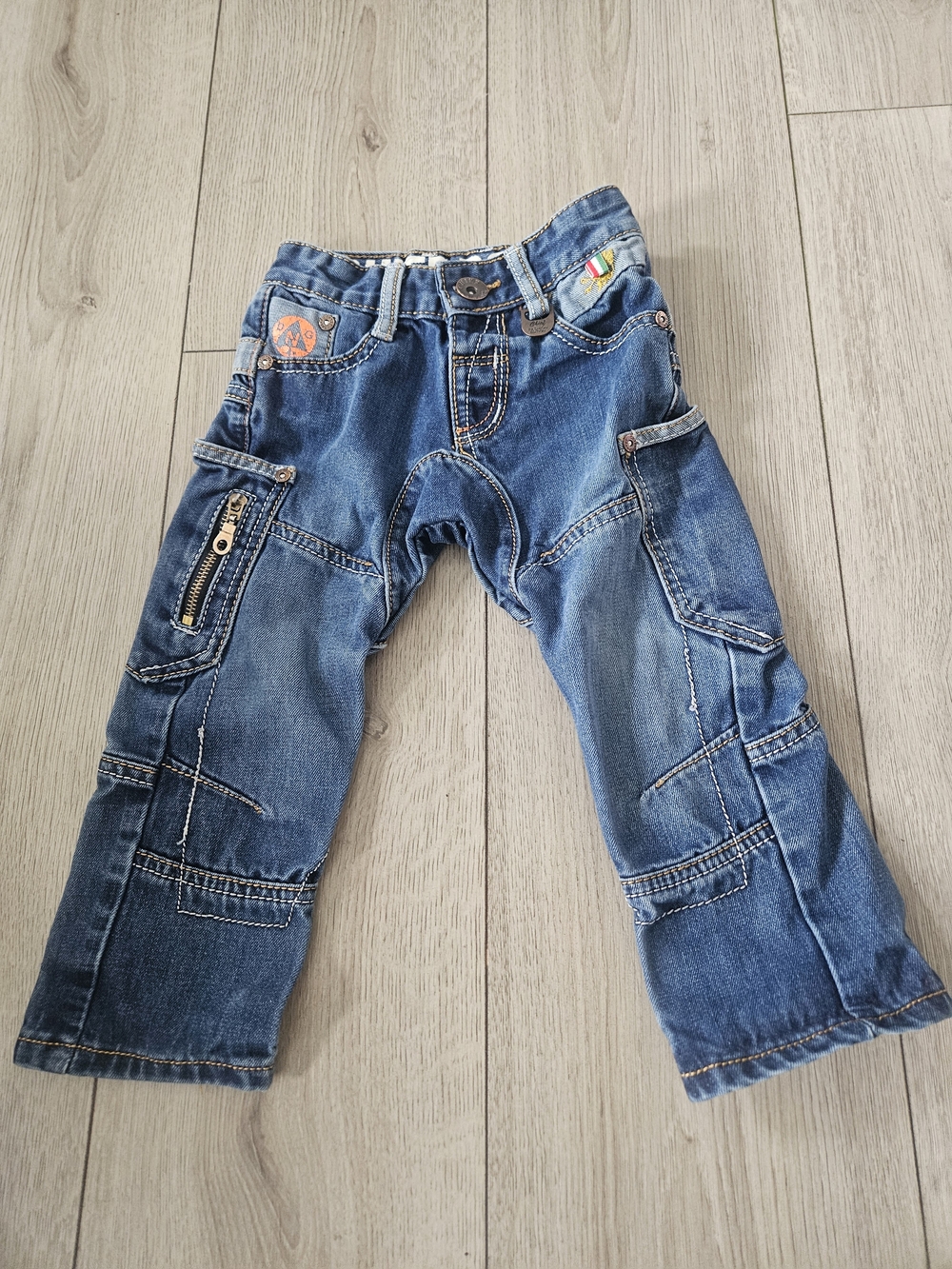 ​Boys Cargo Denim Jeans Size 24M Zipper Pocket Biker Style Blue Pants